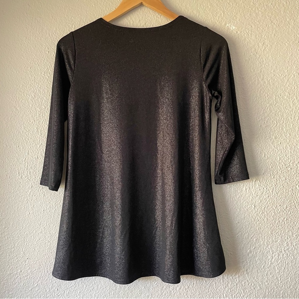 Shimmer Scoop Neck Tunic Blouse Womens S Black Liquid Knit Hi Low 3/4 Sleeve EUC - Picture 6 of 10